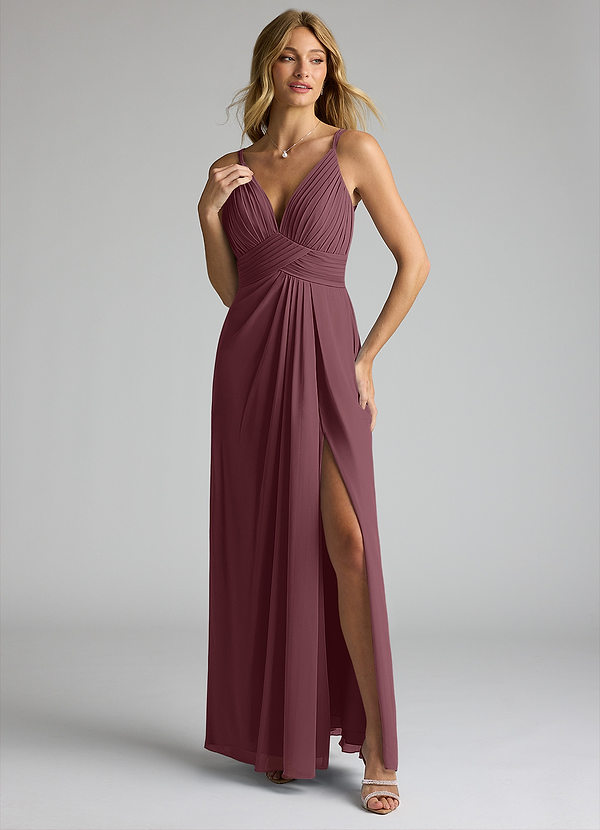 Azazie Maren Allure Bridesmaid Dresses Sangria A-Line V-Neck Lace Chiffon Dress image1