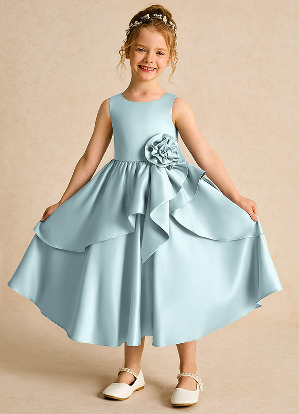 Azazie Hermia Blumenkinder Kleider A-Linie ärmellos Matte Satin Kleid Nebel image1
