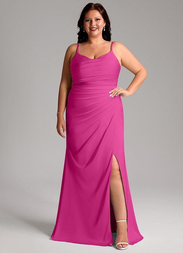 Azazie Deandra Bridesmaid Dresses Fuchsia Mermaid Pleated Stretch Satin Dress image1