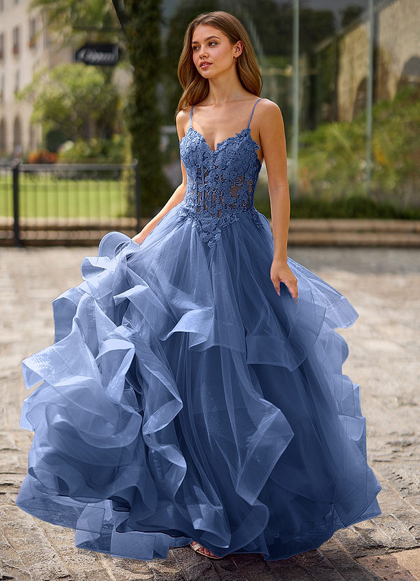 Spitze Stahlblau Ballkleid aus transparenter Spitze image1