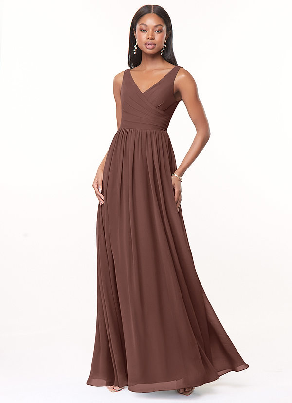 Azazie Keyla Bridesmaid Dresses Espresso A-Line V-Neck Pleated Chiffon Dress image1
