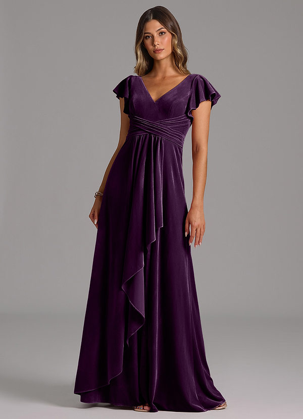 Azazie Omari Bridesmaid Dresses Grape A-Line Pleated Velvet Dress image1