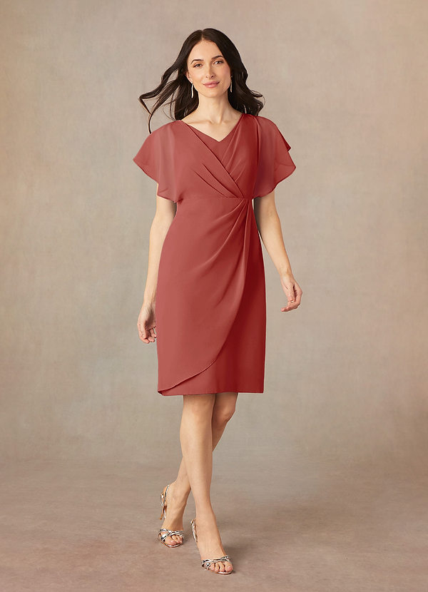 Azazie Julia Mother of the Brides Dresses Terracotta Sheath V-Neck Pleated Chiffon Dress image1