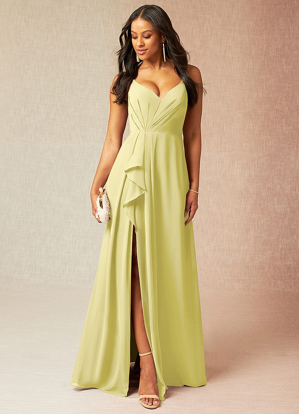 Azazie Kyedae Bridesmaid Dresses Lemon Sorbet A-Line V-Neck Pleated Chiffon Dress image1