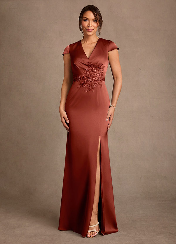 Azazie Rilda 신부의 어머니 드레스 쉬스 레이스 스트레치 새틴 플로어 길이 드레스 image1