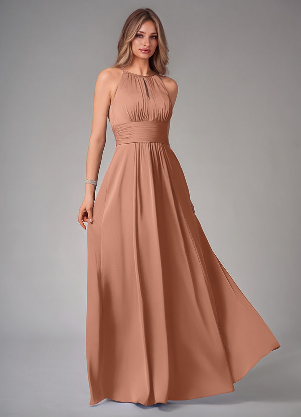 Azazie Bonnie Abiti da Damigella Abito A-Line in Raso Elasticizzato Plissettato Bronzo image1