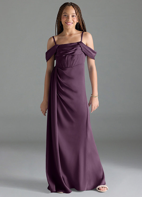 Azazie Amyra Junior Plum Sheath Off the Shoulder Stretch Satin Dress image1