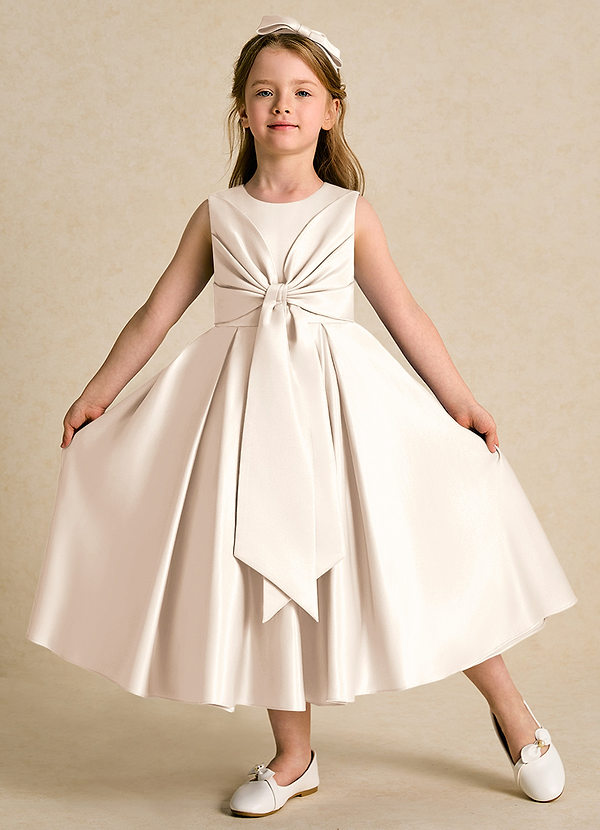 Azazie Lady Flower Girl Dresses White Alabaster A-Line Pleated Matte Satin Dress image1