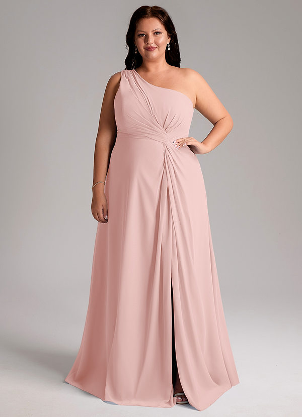 Azazie Brooke Robes de demoiselle d'honneur Robe Trapèze en Mousseline de soie Une épaule Rose Poudré image1