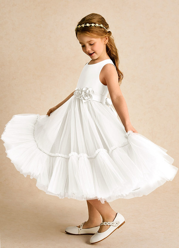 Azazie Miracle Flower Girl Dresses Ivory A-Line Bow Matte Satin Dress image1