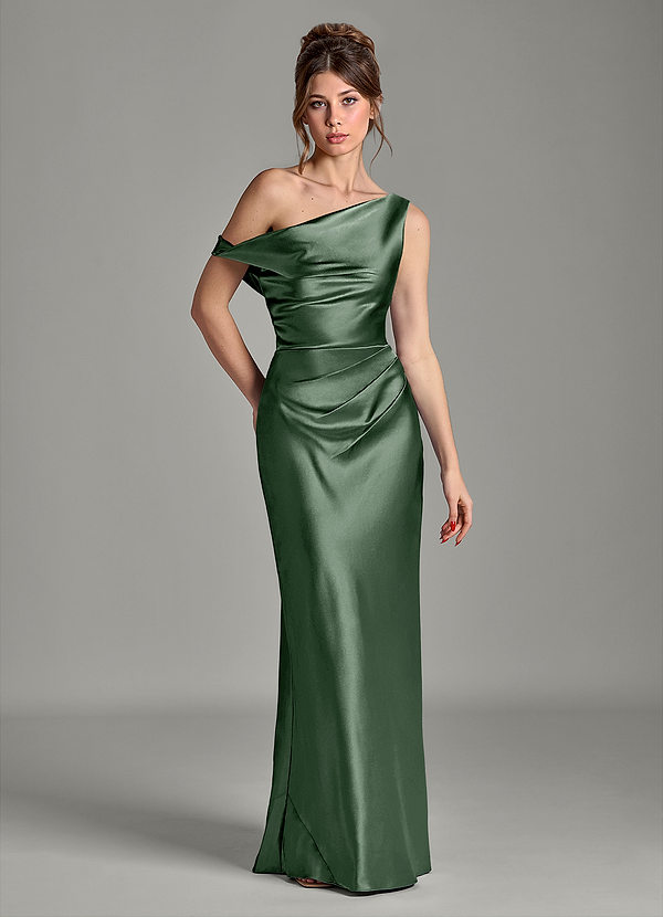 Azazie Emerson Morsiusneitojen mekot Mrenneito Olkapään ulkopuolella Metallinen satiini Lattian pituus Pukeutua image1