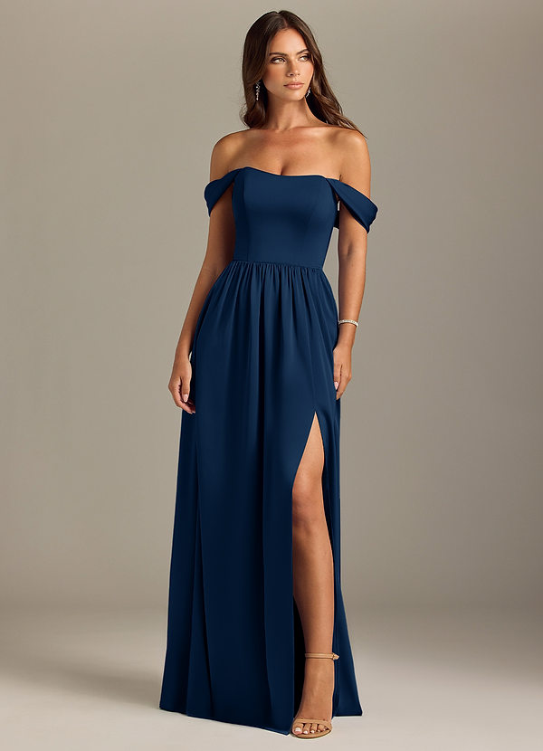 Azazie Calianna Bridesmaid Dresses Dark Navy A-Line Off the Shoulder Stretch Satin Convertible Dress image1