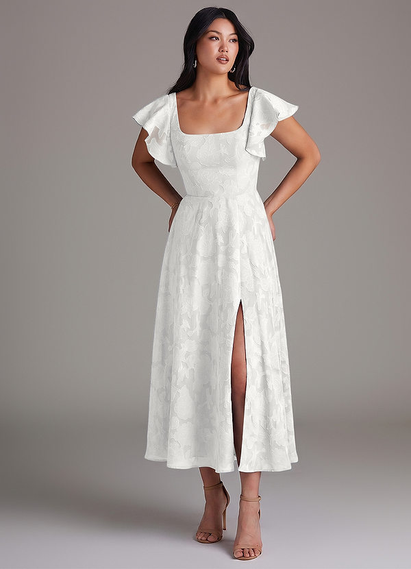 Azazie Bondi Bridesmaid Dresses White A-Line Ruched Floral Burnout Dress image1