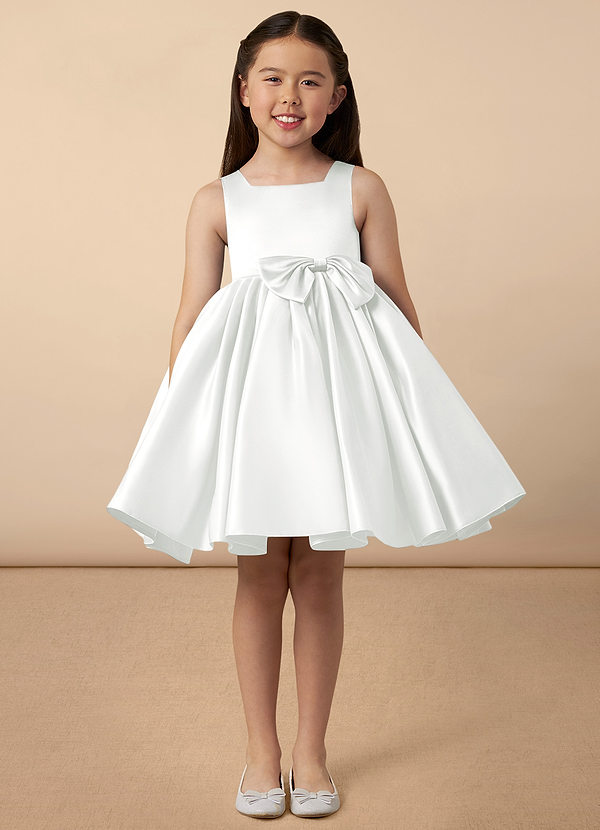 Azazie Bo Peep Flower Girl Dresses Ivory A-Line Bow Matte Satin Dress image1