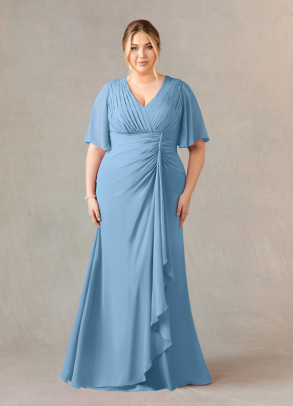 Azazie Carson Mother of the Brides Dresses Steel Blue A-Line V-Neck Lace Chiffon Dress image1