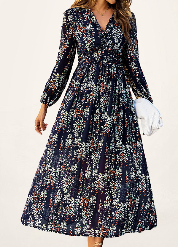 front Néola Bleu Marin Robe mi-longue à manches longues et imprimé floral