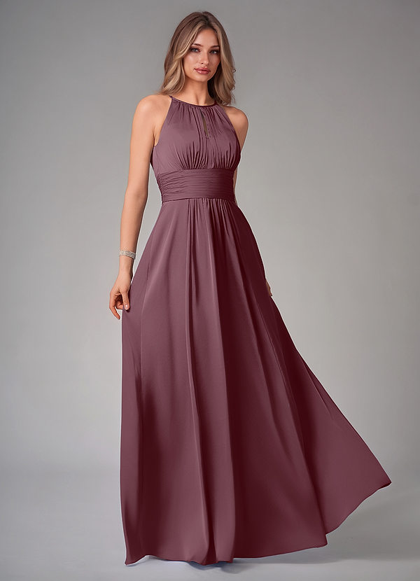 Azazie Bonnie Bridesmaid Dresses Sangria A-Line Pleated Stretch Satin Dress image1