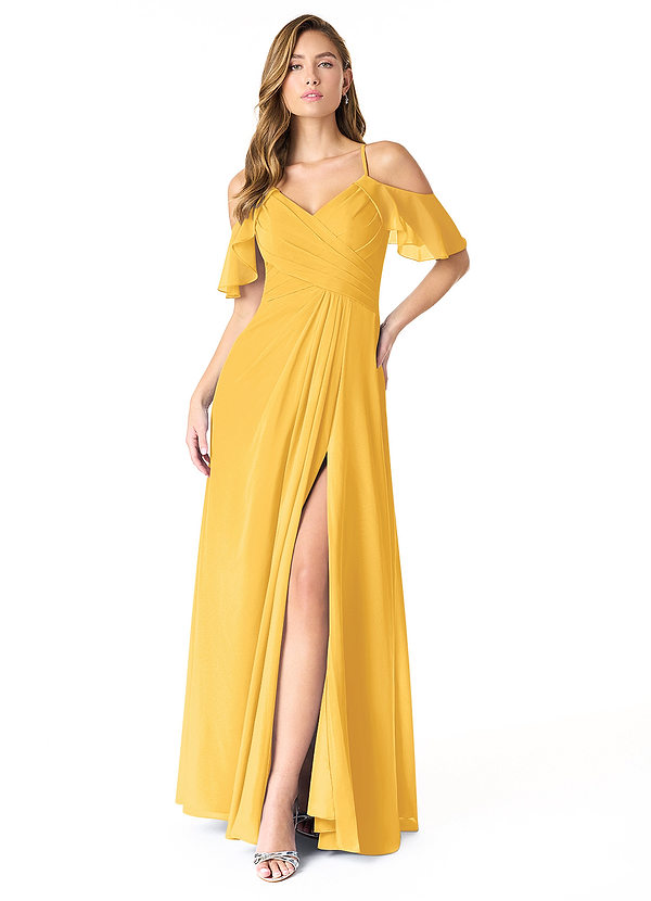 Azazie Dakota Bridesmaid Dresses Marigold A-Line V-Neck Pleated Chiffon Dress image1