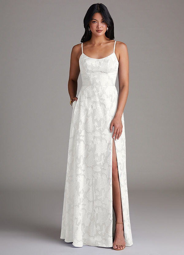 Azazie Moira Bruidsmeisjes Jurken Jurk van Bloemen Burn-out met A-Lijn Zijsplit Wit image1