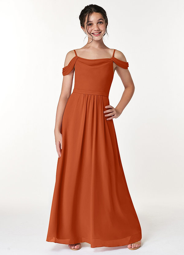 Azazie Alivia Junior Burnt Orange A-Line Off the Shoulder Chiffon Dress image1