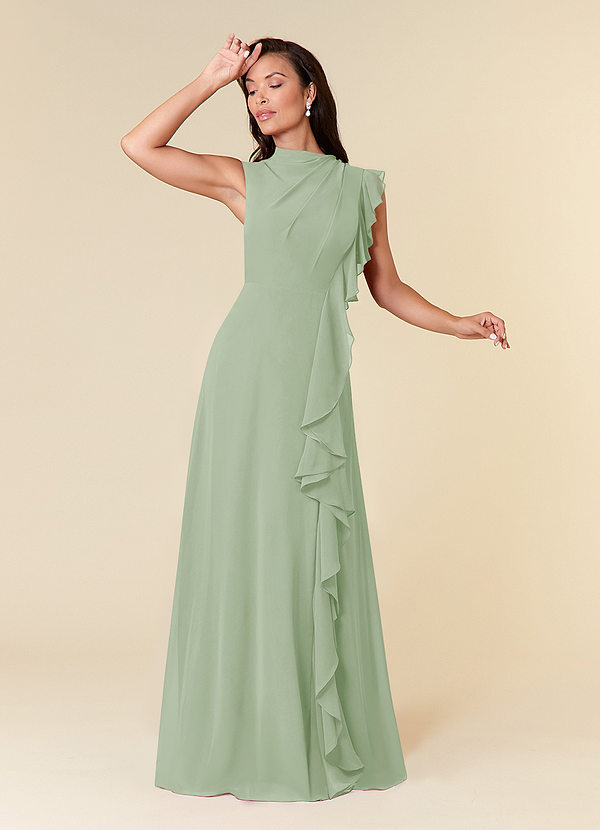 Azazie Narine Mother of the Bride Dresses Dusty Sage A-Line High Neckline Pleated Chiffon Dress image1