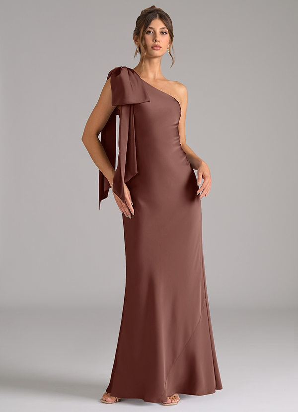 Azazie Capri Bridesmaid Dresses Espresso Mermaid One Shoulder Stretch Satin Dress image1