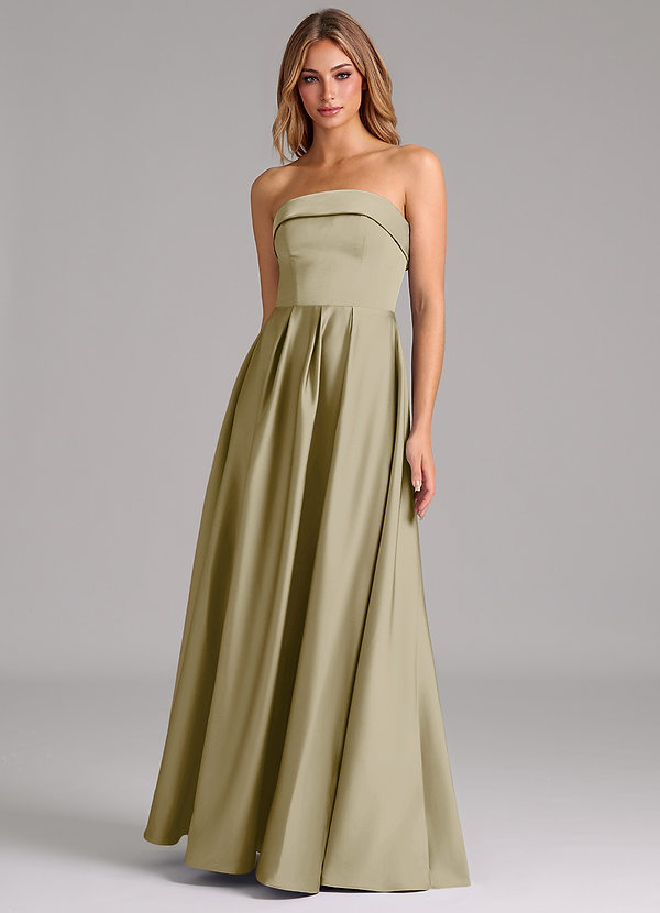 Azazie Lucienne Vestidos Dama de Honor Vestido de Musgo Verde de Satén Elástico de Corte en A Convertible con Sin tirantes image1