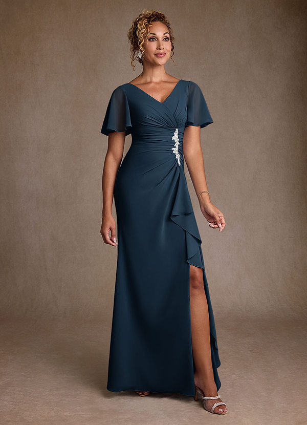 Azazie Suffolk Dark Navy A-Line Pleated Chiffon Dress | Azazie