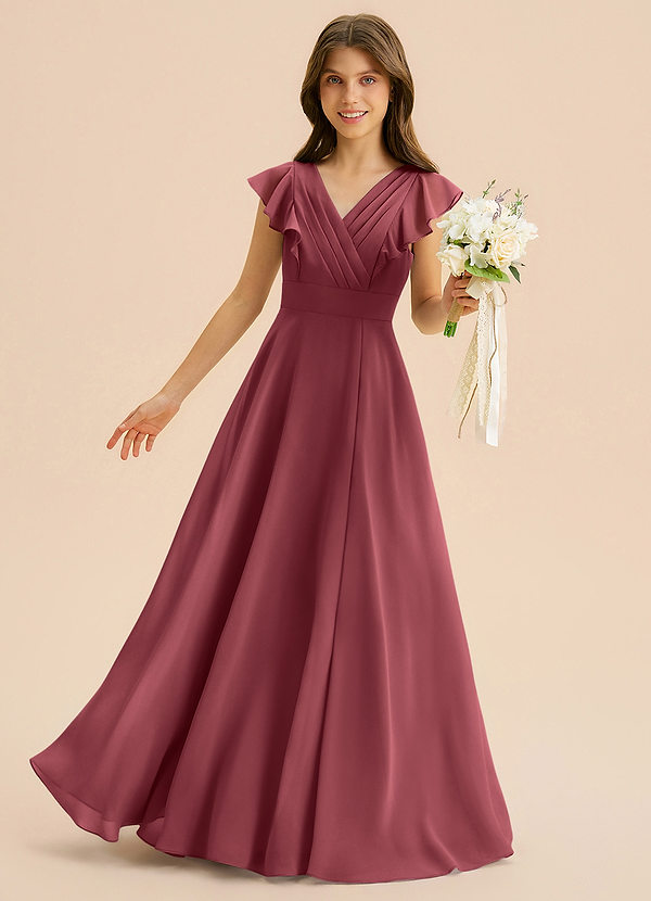 Azazie Anysa Junior Robe Trapèze en Mousseline de soie Rayé Merlot image1