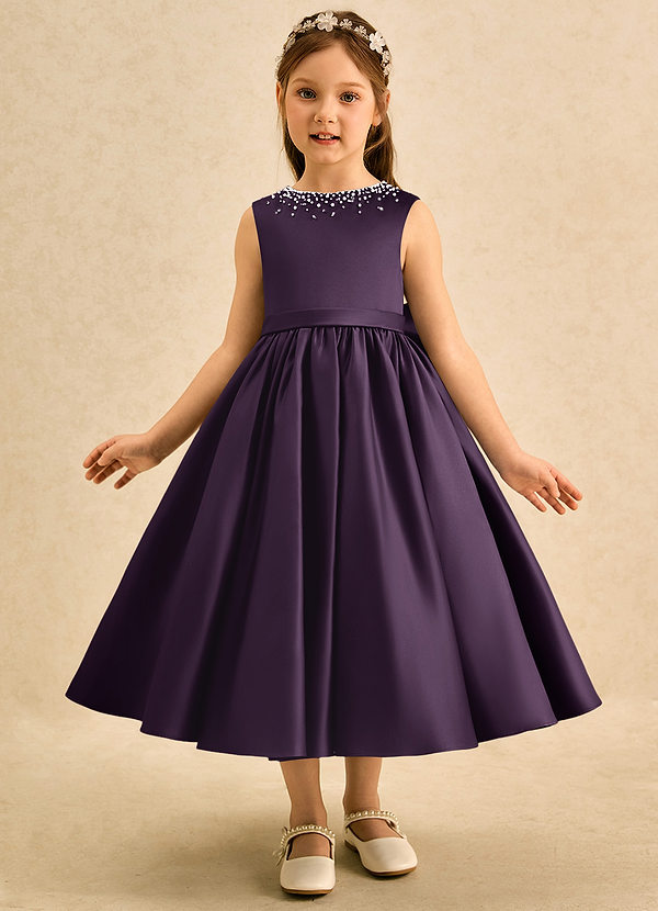 Azazie Doodle Flower Girl Dresses Plum Ball-Gown Bow Matte Satin Dress image1