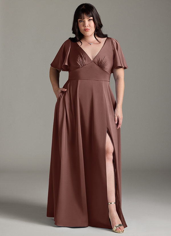 Azazie Kimber Bridesmaid Dresses Espresso A-Line Ruched Stretch Satin Dress image1