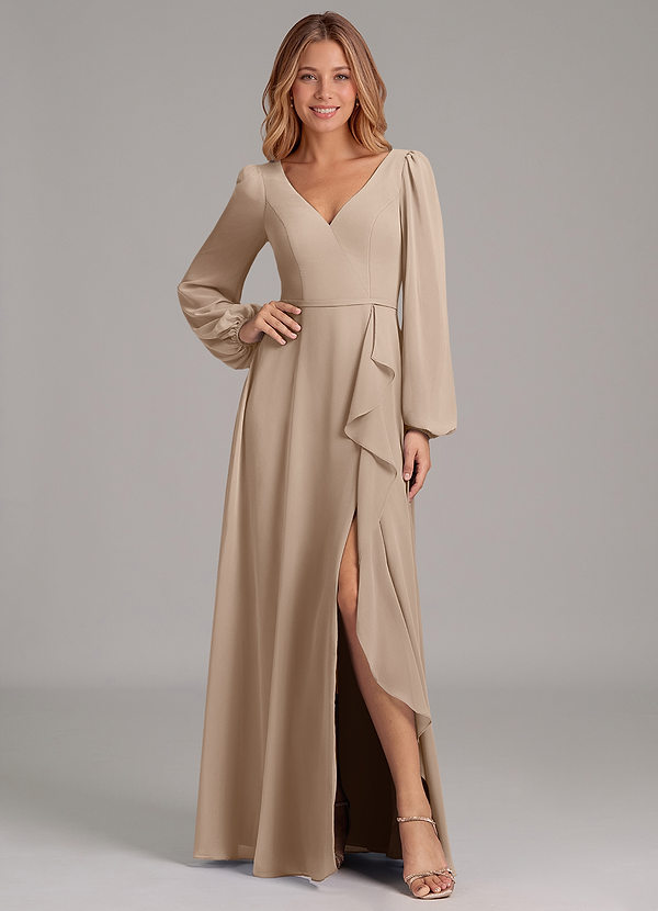 Azazie Simone Bridesmaid Dresses Taupe A-Line Long Sleeve Chiffon Dress image1