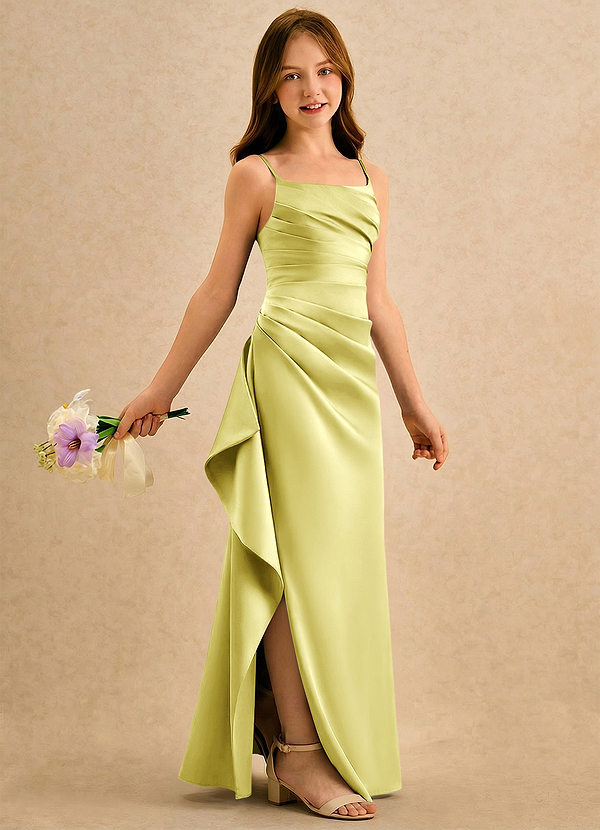 Azazie Cannoli Girls Formal Robes de Fillette d'Honneur Robe Trapèze en Mat Satiné Plissée Sorbet Citron image1
