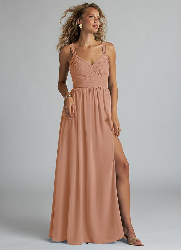 Azazie Aziza Bridesmaid Dresses Champagne Rose A-Line V-Neck Pleated Chiffon Dress image1