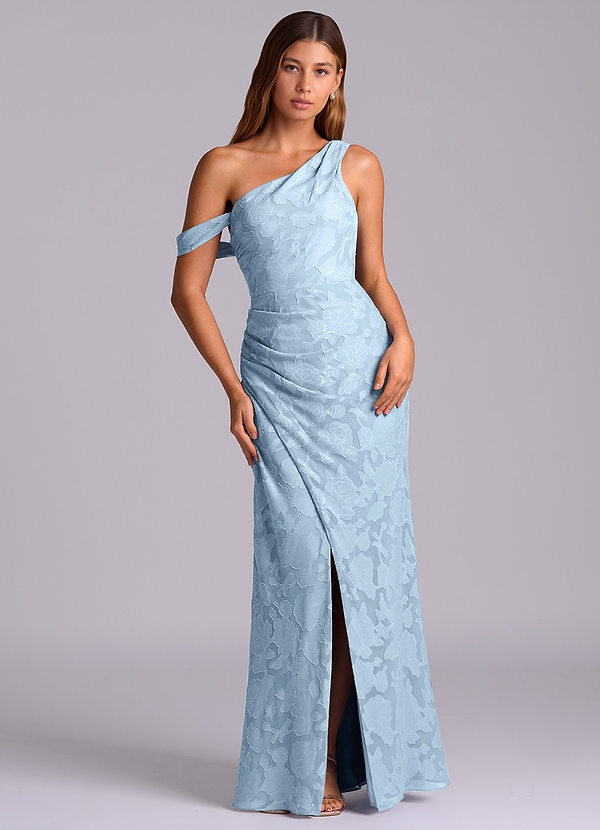 Azazie Madelyn 신부 들러리 드레스 인어 한쪽 어깨 플로럴 번아웃 바닥 길이 드레스 image1