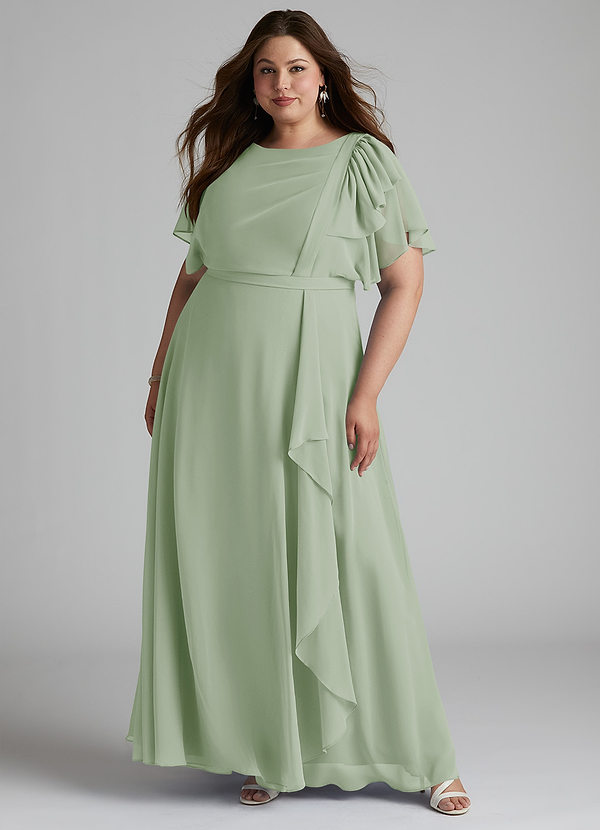 Azazie Aaliyah Modest Bridesmaid Dresses A-Line Scoop Pleated Chiffon Floor-Length Dress image1