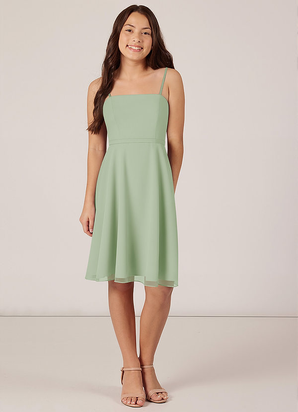 Azazie Kalie Junior Dusty Sage A-Line with Belt Chiffon Dress image1