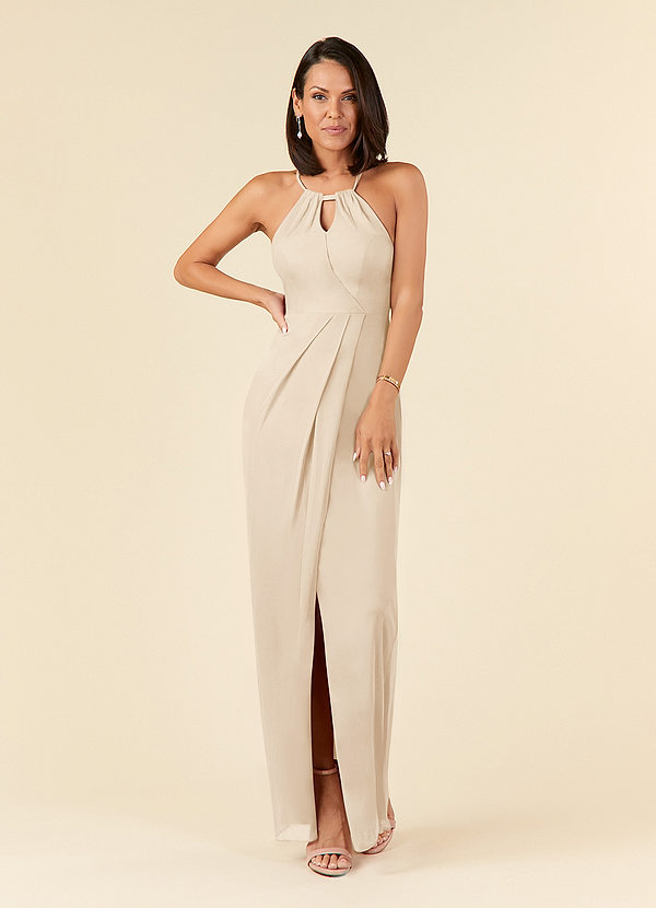 Azazie Hadid Mother of the Brides Dresses Champagne Sheath Pleated Mesh Dress image1