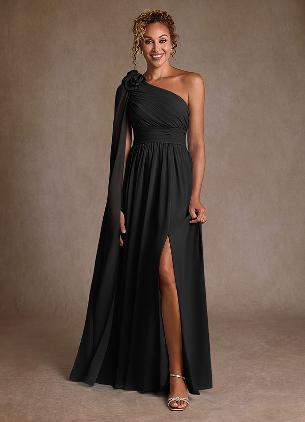 Azazie Lancaster Vestidos de Madre de la Novia Vestido de Negro de Gasa de Corte en A con Hombro unilateral image1