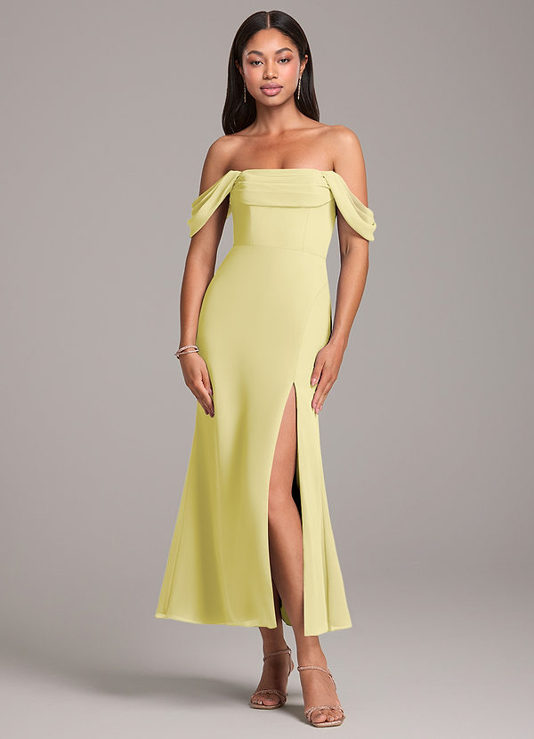 Azazie Saige Bridesmaid Dresses Lemon Sorbet Sheath Off the Shoulder Chiffon Convertible Dress image1