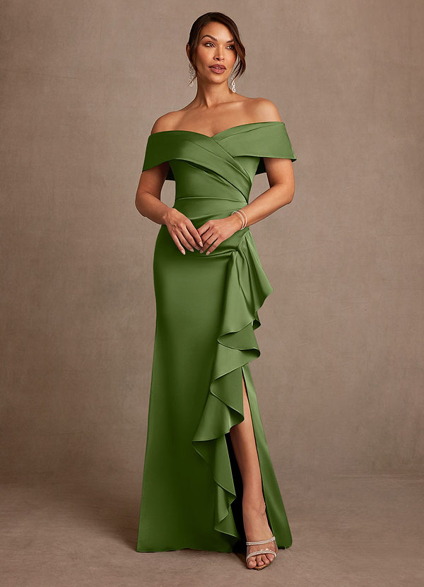 Azazie Kirsty 신부의 어머니 드레스 쉬스 오프 더 숄더 스트레치 새틴 플로어 길이 드레스 image1