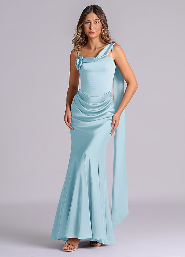 Azazie Inara Suknie dla druhen Syrena Pofałdowany Satyna elastyczna Do ziemi Sukienka image1