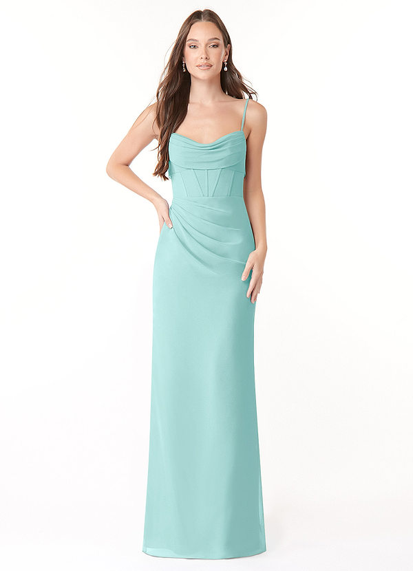Azazie Mai Bridesmaid Dresses Aqua Sheath Pleated Chiffon Dress image1