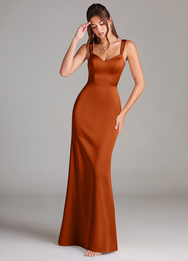 Azazie Denice Vestidos Dama de Honor Vestido de Naranja Quemada de Satén Elástico de Corte Recto con Plisado image1