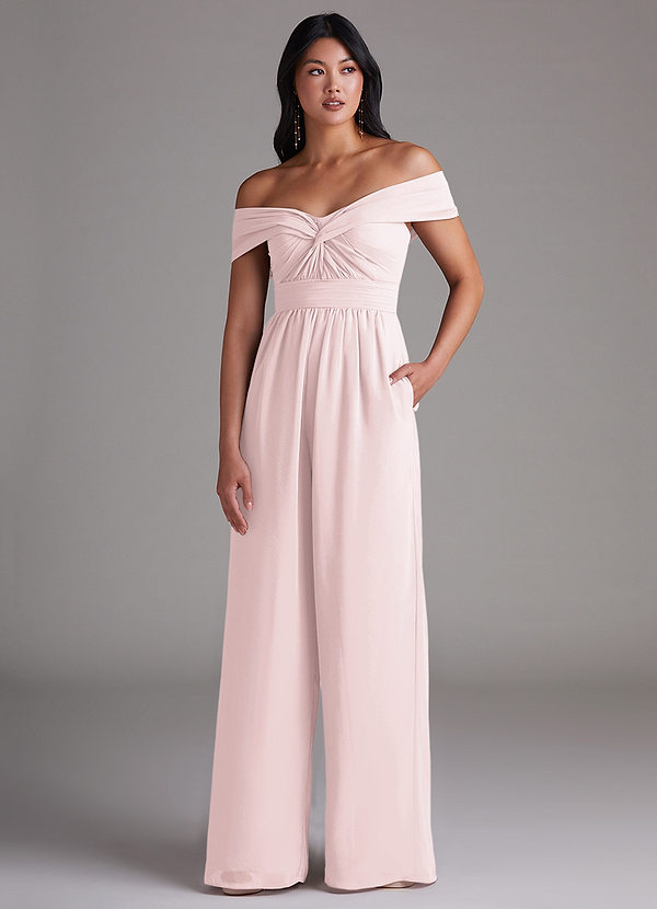 Azazie Lamara Robes Demoiselle d'honneur Combinaison Convertible en Mousseline de soie Épaule décolletée Rose Pâle image1