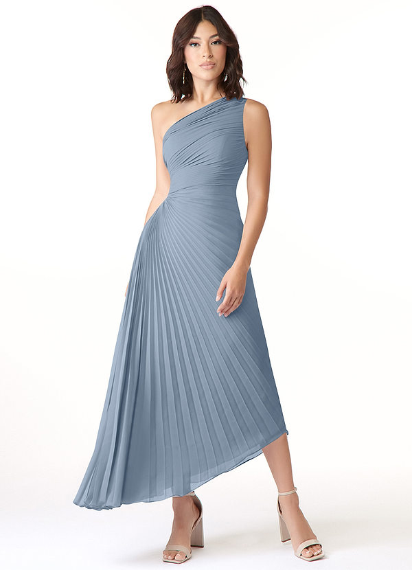 Azazie Kirra Bridesmaid Dresses Dusty Blue A-Line One Shoulder Chiffon Dress image1