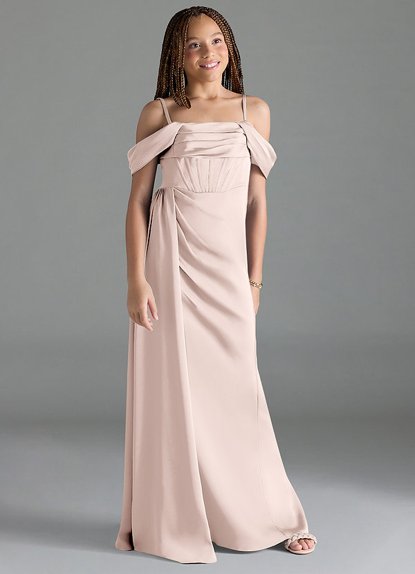 Azazie Amyra Junior Blushing Pink Sheath Off the Shoulder Stretch Satin Dress image1