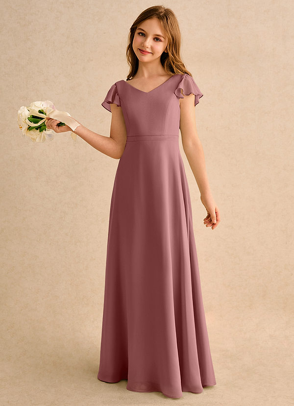 Azazie Nari Girls Formal Sukienki dla dziewczynek sypiących kwiaty Linia A z rękawami Szyfon Długość podłogi Sukienka image1