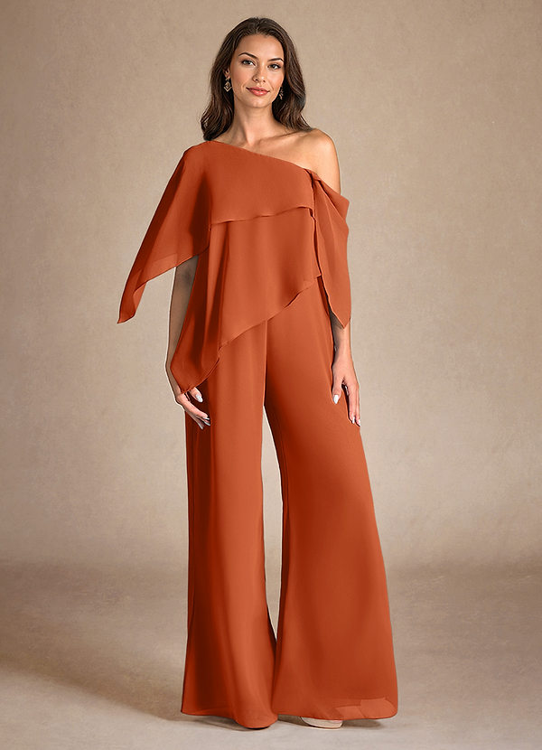 Azazie Halima Mother of the Brides Dresses Burnt Orange Jumpsuit/Pantsuit Side Slit Chiffon Dress image1