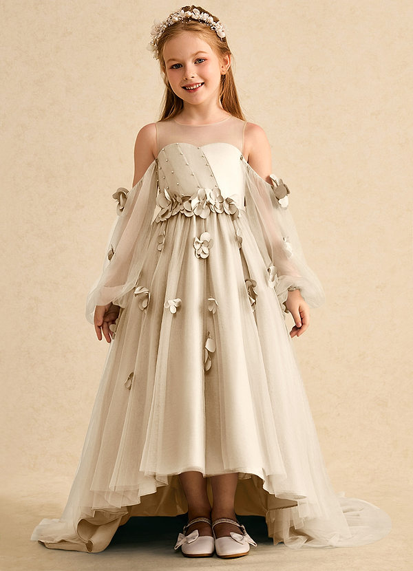 Azazie Karrie Robes de Fillette d'Honneur Robe Trapèze en Tulle avec manches Champagne image1